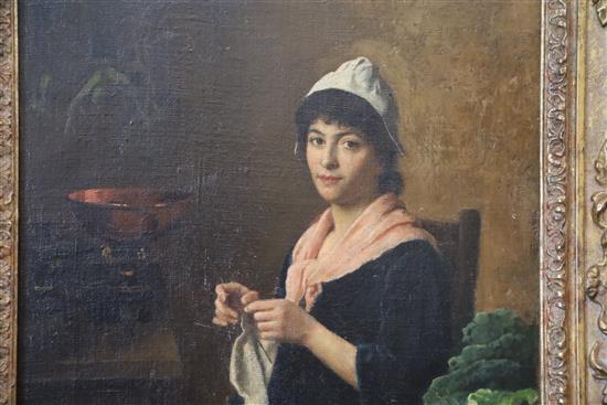 19th Century English School Interior with woman knitting and vegetables on a table top 15 x 11in.